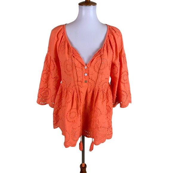 Venti6 Tops - Venti6 Neon Orange‎ Eyelet Boho Peasant Tunic Top Tassel Tie Large